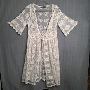 Kimono Duster Women L/XL Ivory Lace Fairy Cottagecore Boho Maternity Photos Tie